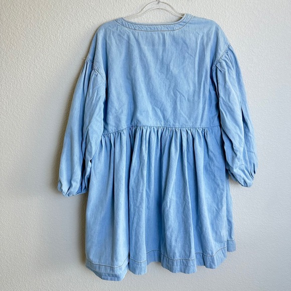 Anthropologie Blue Denim Square Neck Puff Sleeve Babydoll Dress Top 1X pockts - Picture 6 of 9
